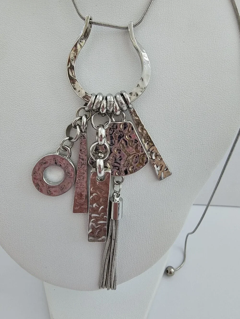 Mixed Metal Hammered Geometric Charm & Tassel Adjustable Long Pendant Necklace​